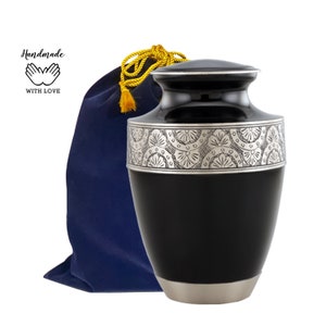 Black Silver Urn - Urn for Ashes - Cremation Urns - Black Cremation Urn - Memorial Adult Urn - 11&quot; Urn Velvet Bag Holds Upto 200 LBS