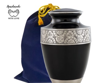 Black & Silver Cremation Urn - Hand-Engraved Solid Brass, Adult Memorial