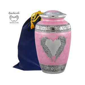 Angel Wings Urn, Pink Loving Angel Cremation Urn, Large Cremation Urn for Human Ashes, White Heart Urn, Adult Memorial Urn, Angel Urn