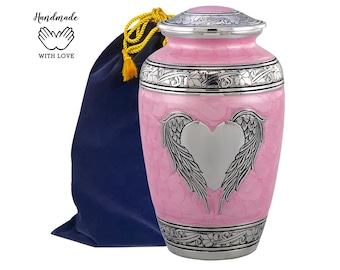 Pink Angel Wings Cremation Urn | Brass Funeral Ash Urn