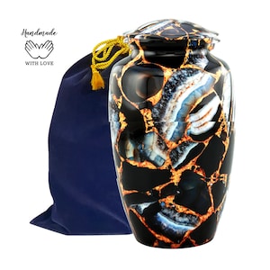 Black & Gold Urn for Human Ashes - Artistic Design - Perfect Memorial Urn with Velvet Bag  Memorial Urn with Velvet Storage Bag -Adult Urns