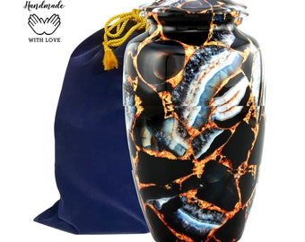 Marble Radiance Cremation Urns- Urns for Ashes- Memorial Urn- Black & Gold Urn for Human Ashes- Large Urn with Velvet Bag