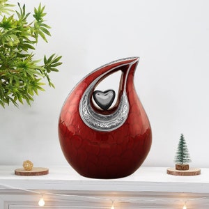 Personalized Red Adult Cremation Urn- Ashes Urn Adult, Funerary Urn,Teardrop Urn Memorial Urn, Unique Urn  Engraved Burgundy Metal Teardrop