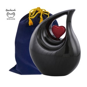 Teardrop Urn - Black Urn - Full Size Black Enamel Finish Metal Teardrop Cremation Urn for Human Ashes Upto 210Lbs - Adult Teardrop Urns