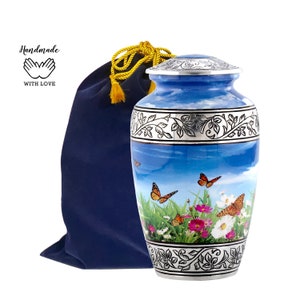 Colorful Butterflies Urn- Butterflies Garden Urn W/ Silver Band - Funeral & Memorial Cremation Urn for Human Ashes upto 200 Lbs. W/Bag