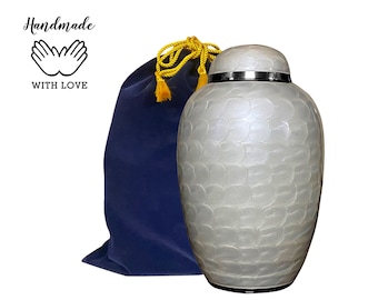 Pearl White Cremation Urn – Adult Funeral Urn for Ashes, Velvet Bag