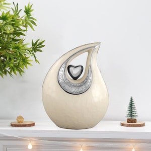 Teardrop Urn -  Full Size Silver Engraved Pearl White Metal Teardrop Cremation Urn for Human Ashes Upto 210Lbs - Personalized Adult Urns