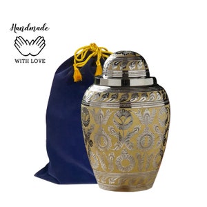 Silver and Gold Cremation Urn for Ashes, Solid Brass Silver and Gold Urn, Engraved Cremation Urns for Adult Ashes, Decorative Urns Ashes