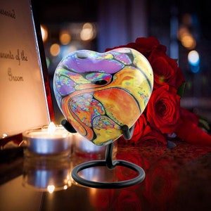 Modern Print Heart Keepsake Urn - Tie Dye Mini Heart Urn For Ashes - Colorful Heart Urn - Memorial Heart Urn With Velvet Box , Bag & Stand