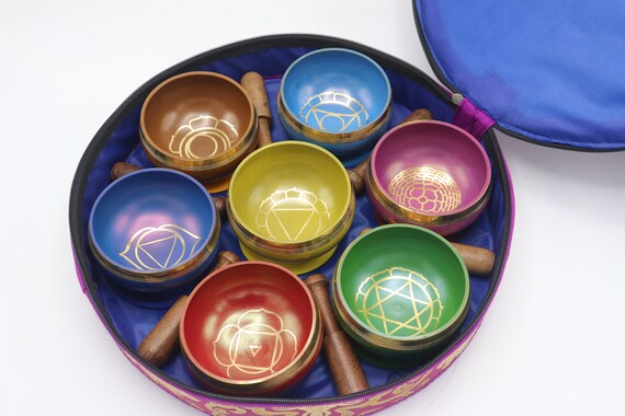 Colorful Chakra Symbol Singing Bowl Set Of 7 (4 Inch), Comes With 7 Mallets, 7 Cushions & A Free Gift Box - Meditation, Sound Healing