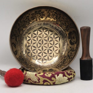 12 inch Flower of life carved Tibetan singing bowl, Pure resonating sound for meditation, Chakra healing and balancing