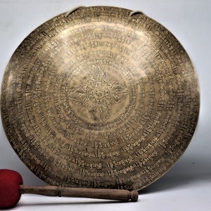 27 inch Tibetan Mantra hand-carved Gong bell, Hand-hammered Gong bell comes with a drum striker- sound therapy, Chakra balancing