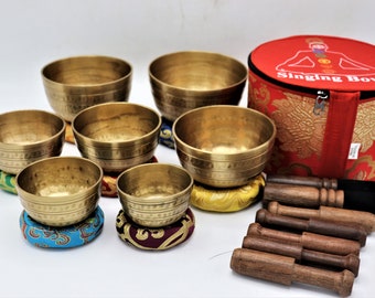 Handgehamerde messing klankschalenset - meditatie, klankhealing, chakra-balancering - Made in Nepal