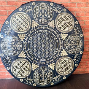 35cm to 100cm Black and Golden color Flower of life with meditating yogi Tibetan Gong- Fancy Design- produces quality sound vibrations-