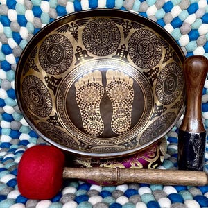 12 inches Standing Buddha feet with Auspicious symbol adorned Tibetan singing bowl-Best soothing sound quality-Best for healing & meditation