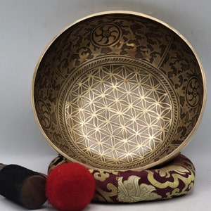 15% OFF!!!  Flower of life carved 10 inch Mantra singing bowl - Handmade singing bowl for meditation, sound therapy - Chakra balancing