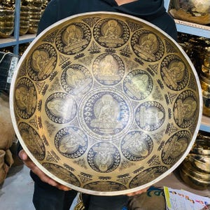 18 inches Medicine Buddha with Tibetan mantra Engraved Tibetan Singing bowl-Made in Nepal-Premium deep resonating sound quality-Best product