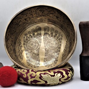12 inch Buddha feet carved singing bowl Handmade in Nepal - Pure resonating sound for meditation, Chakra healing and balancing
