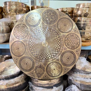 35cm to 100cm Flower of life gong- Adorned with flower of life, Endless Knots and other auspicious symbols-Deep resonating sound quality-