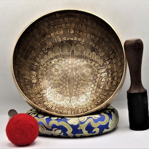 9 inch Buddha feet in-carved Mantra singing bowl Handmade in Nepal - Pure resonating sound for meditation, Chakra healing and balancing