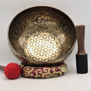 Authentic Handmade 11 inch &quot;Flower of life&quot; carved singing bowl, Singing bowl for meditation, sound healing, Chakra balancing