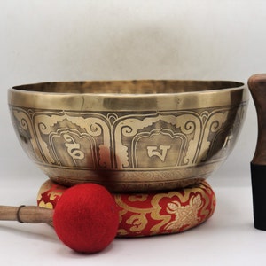 Black Day Offer!!!12 inch &#39;Flower of life&#39; carved Mantra singing bowl - Pure resonating sound for meditation, Chakra healing and balancing