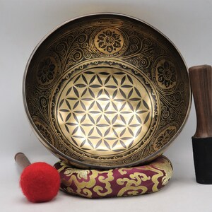 11 inch Flower of life carved Tibetan singing bowl, Pure resonating sound for meditation, Chakra healing and balancing