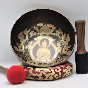 10 inch Buddha Singing bowl with Gold carvings - Handmade singing bowl for meditation, sound therapy - Chakra balancing