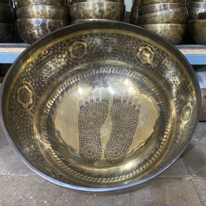 16 inches to 24 inches large standing feet therapy bowl- Adorned with Standing feet with auspicious symbols - Best quality bowl-Handmade-Zen