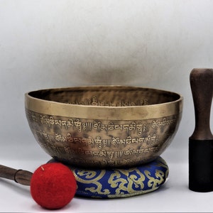 Tibetan Mantra Hand-carved 11 inch singing bowl - Himalayan singing bowl handmade in Nepal - meditation, sound healing, home and living