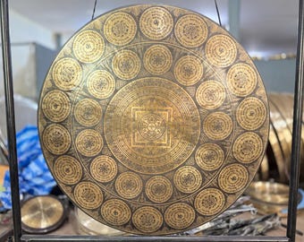 Hand Beaten Tibetan Gong: Spiritual Mantra & Symbol Adorned