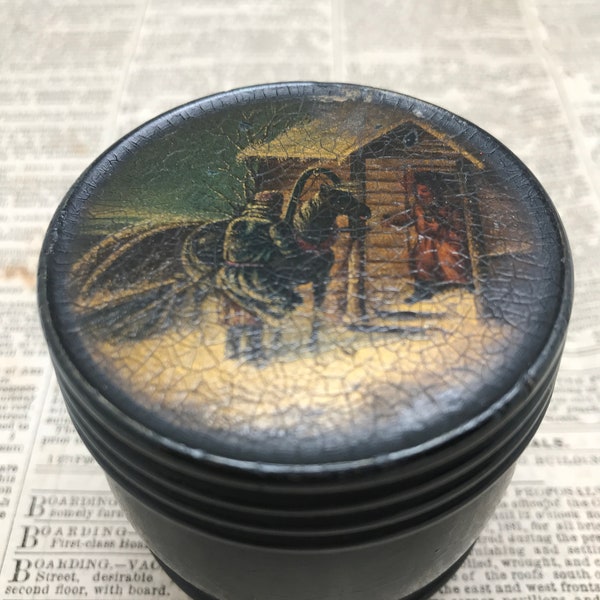 Antique Russian Lacquer Barrel-form Lidded Box with Winter Scene on Lid