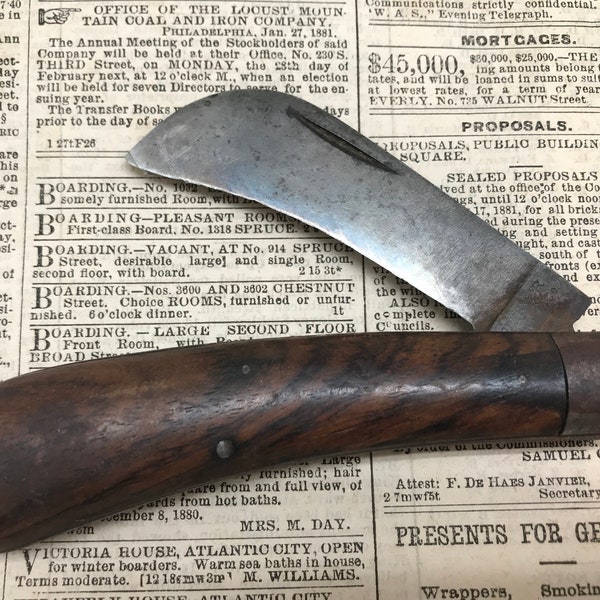 Vintage Folding Ulster Knife Company Hawkbill Rosewood Handled Pruning, Farming, or Grafting Knife