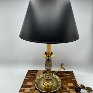 Vintage Brass Candlestick Table Lamp by Frederick Cooper, Chicago – 1970s Fluted Column with Scalloped Base and Black Shade