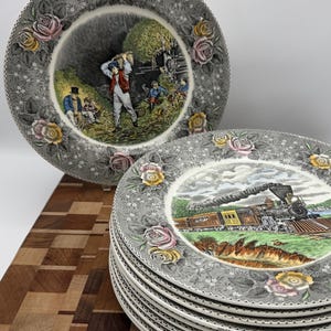 Set of 11 Adams Currier & Ives Transferware Dinner Plates 1930s English Polychrome American Scenes Gray Floral Border 10.5in Vintage China