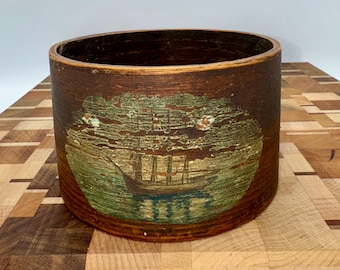Antique Oak Dry Measure, Red Sailing Ship Painting, Daniel Cragin, Wilton NH