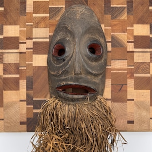 Vintage African Dan Style Tribal Mask - Hand-Carved Wooden Mask with Raffia Beard and Red Accents - Authentic African Art Decor