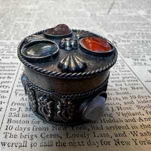 Vintage Small Handmade Silver and Hardstone Pill Box or Trinket Box