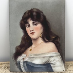 Antique German Hand Painted Porcelain Portrait Plaque – 19th Century, Young Beauty, After Sichel