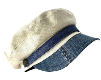 XXL White Linen Sailor Cap: Denim Visor, Oversized Man Cap