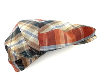 Extra Large Plaid Flat Cap: Oversized Brown Tartan Cotton