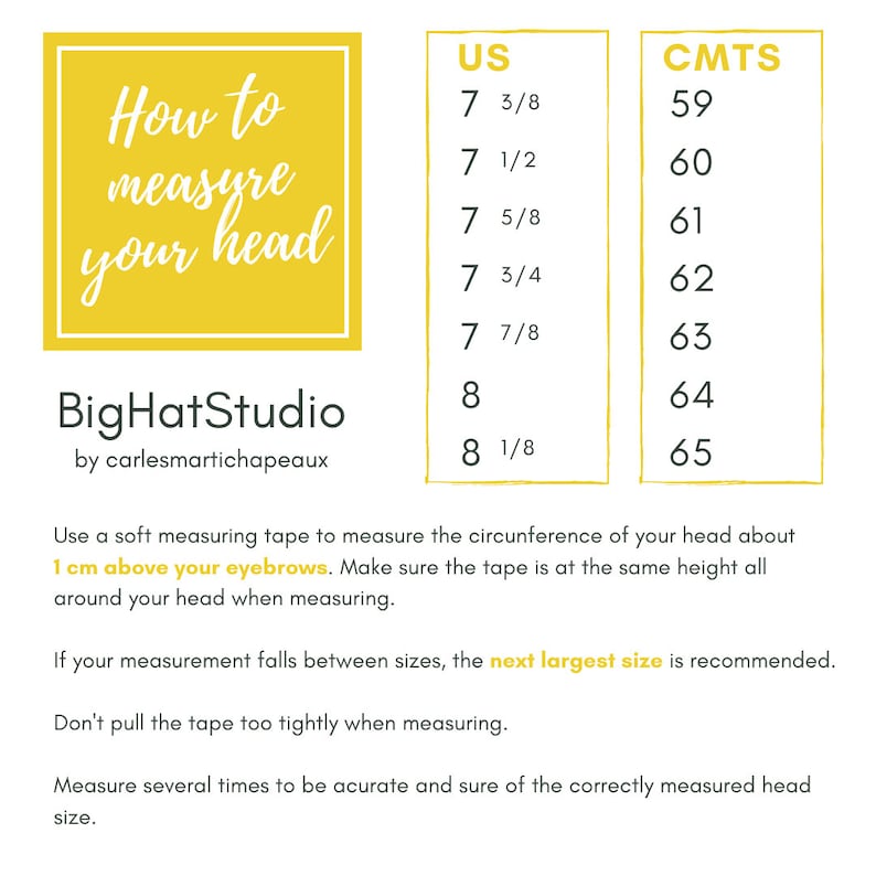 May include: A yellow graphic with the text "How to measure your head" and "BigHatStudio by carlesmartichapeaux". A chart with US hat sizes in inches and corresponding CMTS measurements.