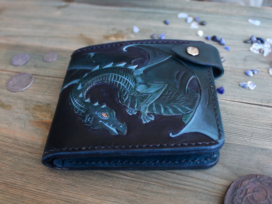 Dark blue Dragon custom leather wallet Etsy