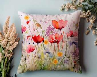 Watercolor Wildflower Throw Pillow | Floral Accent | Cottagecore Home Décor | Garden Flowers Posies Pansies Throw Pillowcase | Colorful