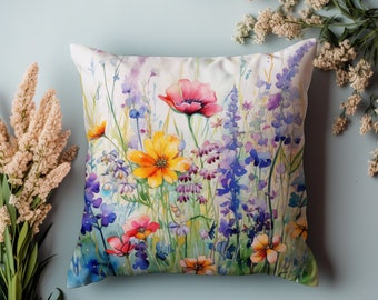 Wildflower Watercolor Throw Pillow | Floral Accent | Cottagecore Home Décor | Garden Flowers Posies Pansies Throw Pillowcase | Colorful