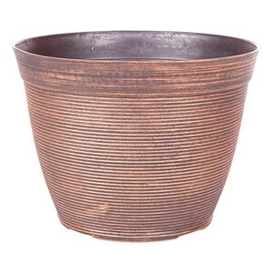 May include: A round plant pot featuring a textured exterior with horizontal ridges. The surface has a weathered, metallic copper and dark brown finish, creating a distressed appearance. The interior of the pot is smooth and dark brown in colour.