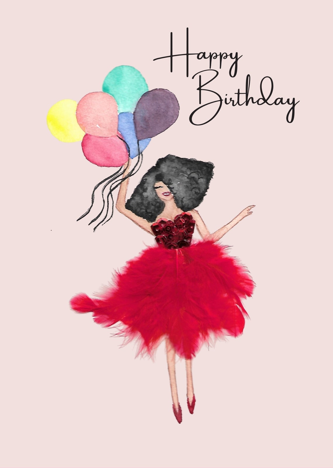 Red dress birthday girl/ Pretty birthday card for daughter Etsy