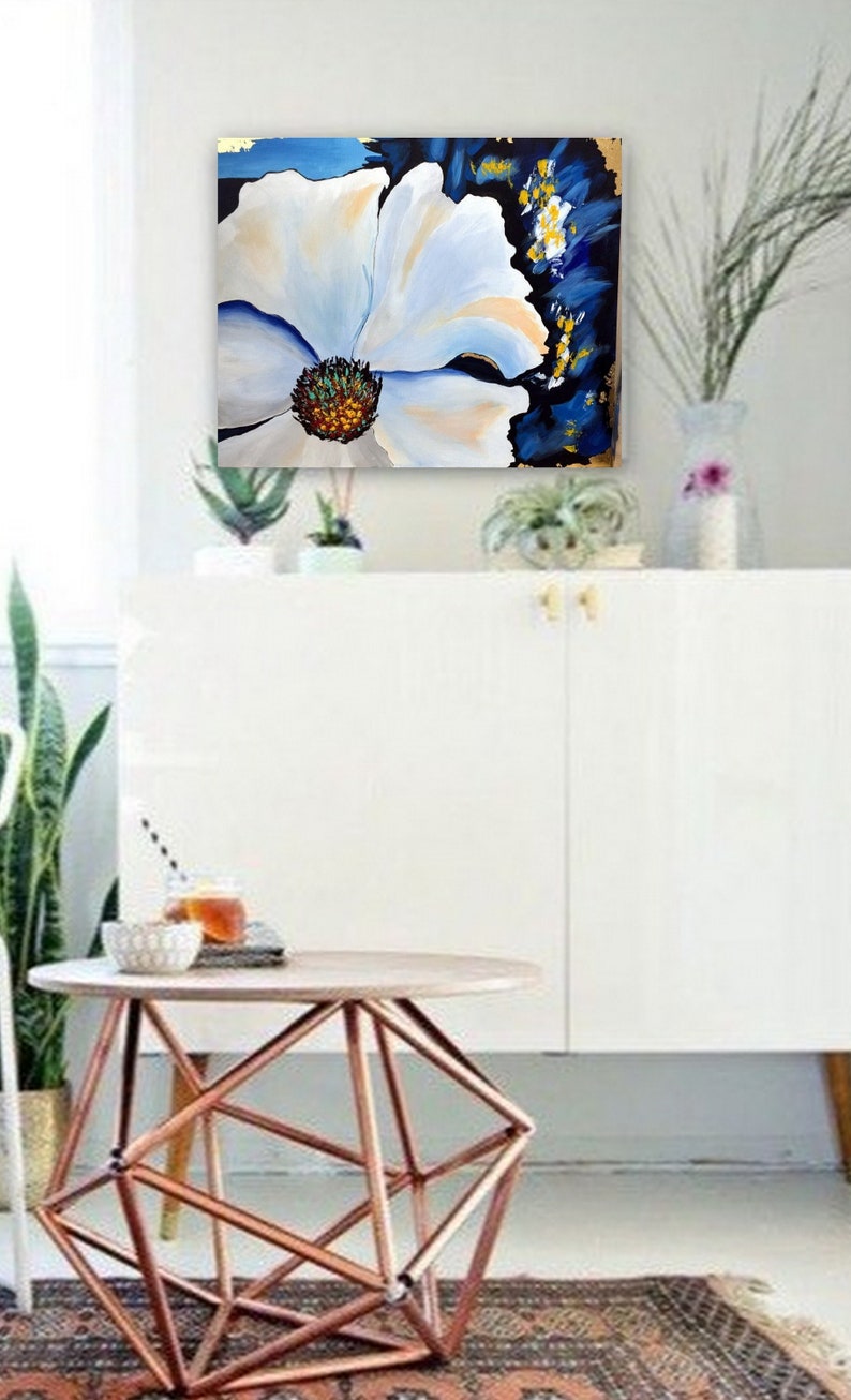 texture painting acrylic painting 3D art wall decoration painting garden with flowers painting white flowers blue painting with gold