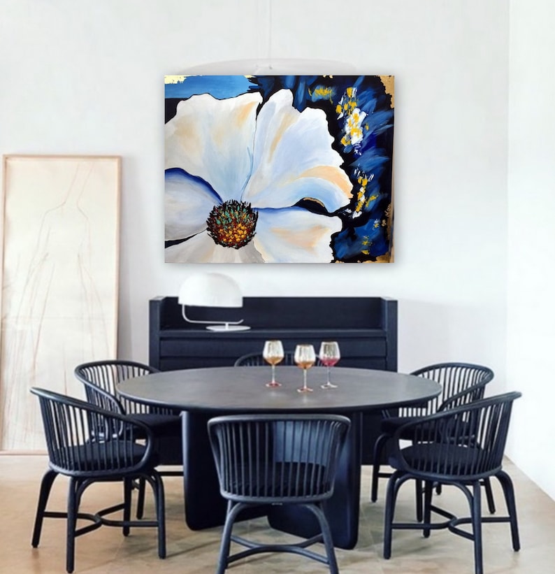 texture painting acrylic painting 3D art wall decoration painting garden with flowers painting white flowers blue painting with gold