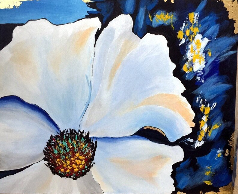 texture painting acrylic painting 3D art wall decoration painting garden with flowers painting white flowers blue painting with gold
